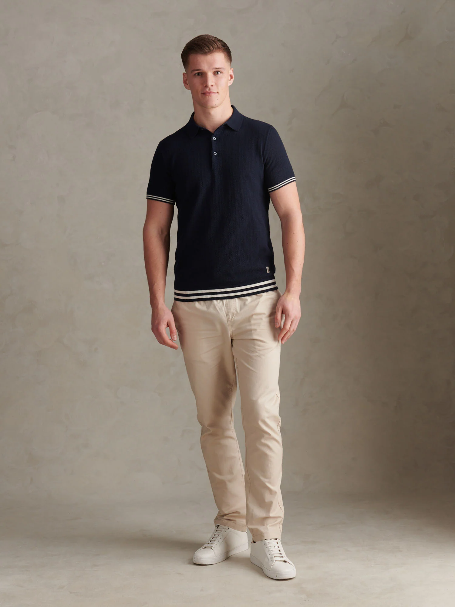 Mens Tipped Open Knit Polo Shirt Dark Sapphire Navy - Image 3