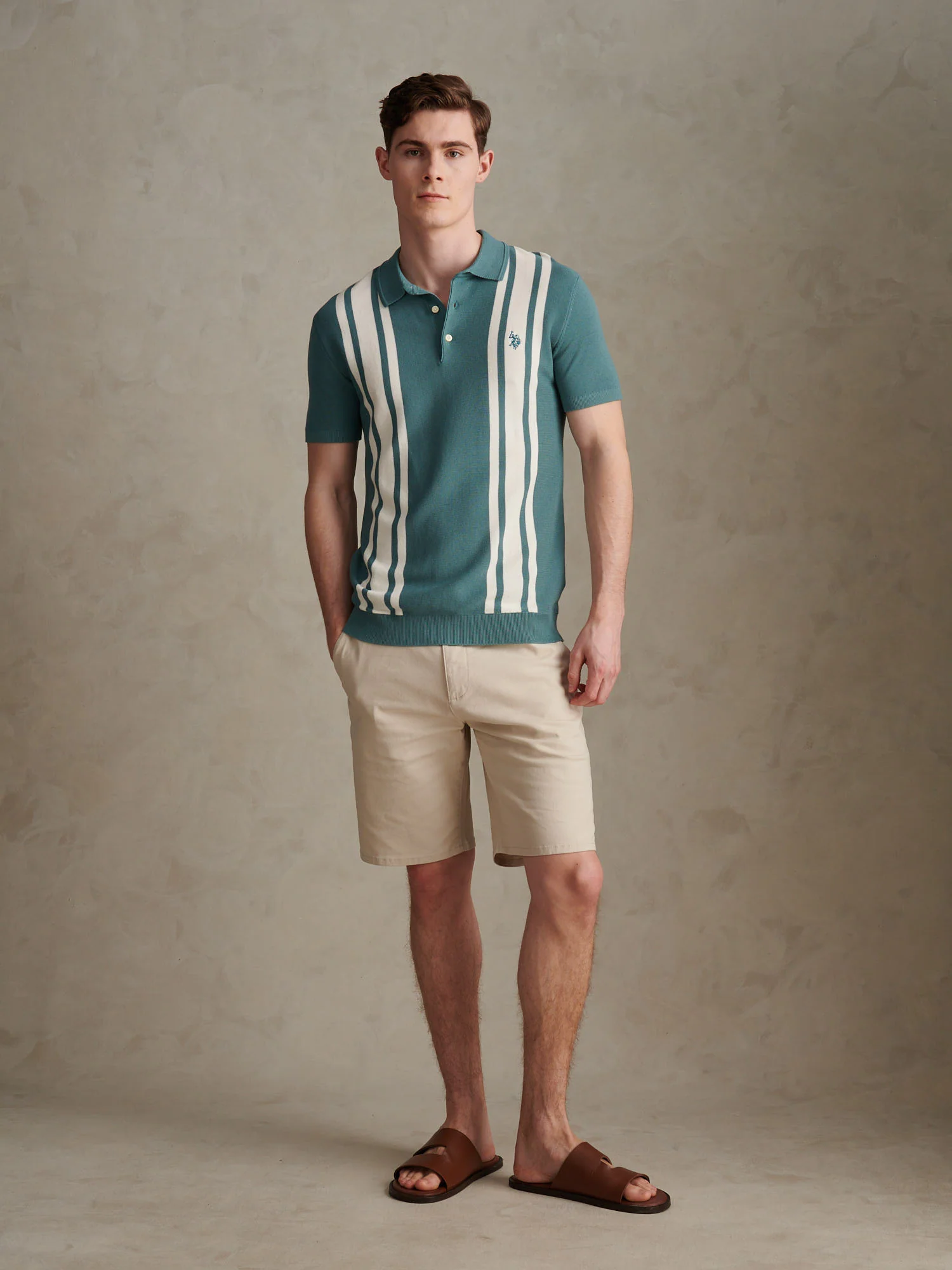Mens Tonal Vertical Stripe Knit Polo Shirt Arctic - Image 3