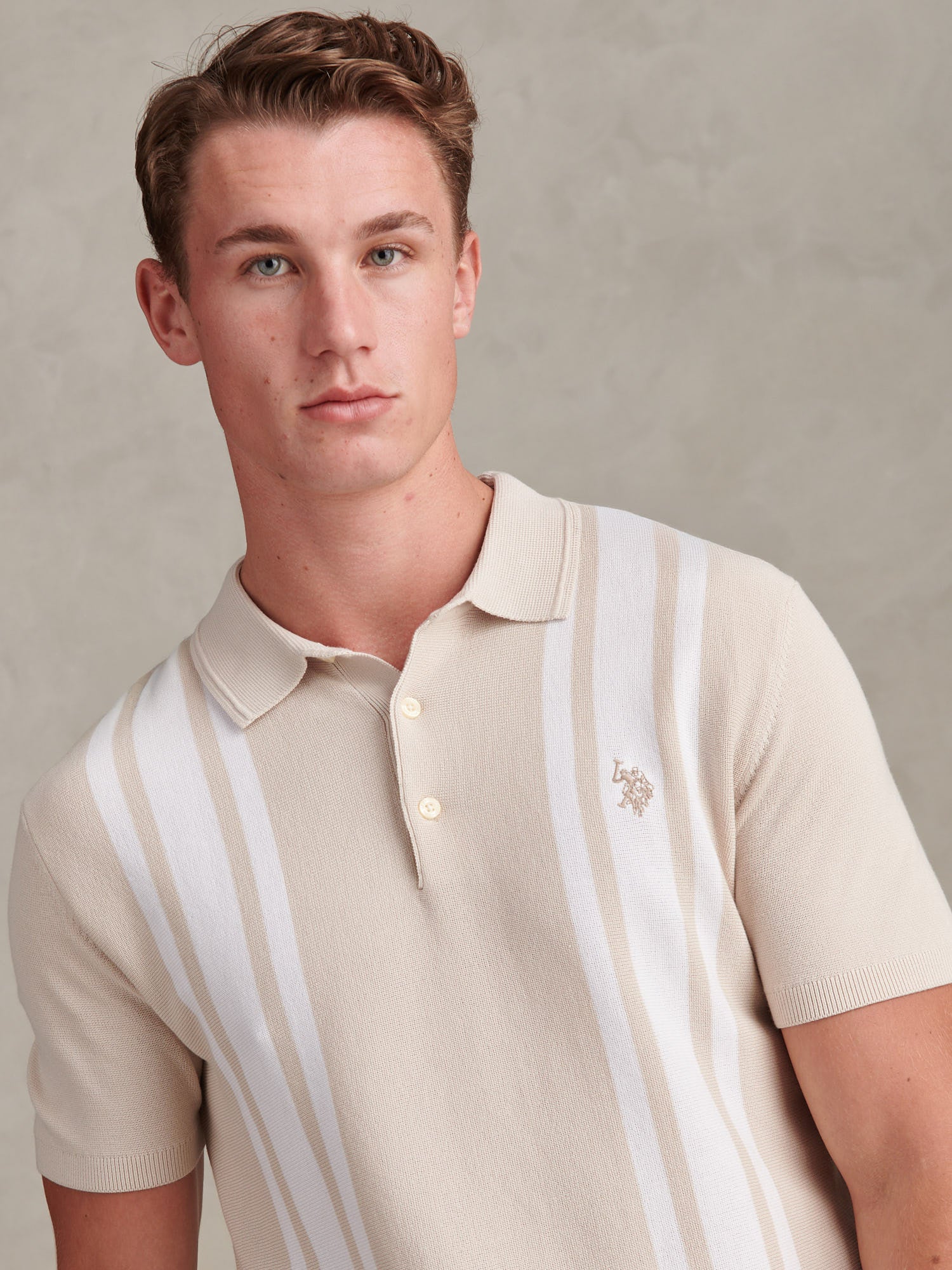 Mens Tonal Vertical Stripe Knit Polo Shirt Beige - Image 2