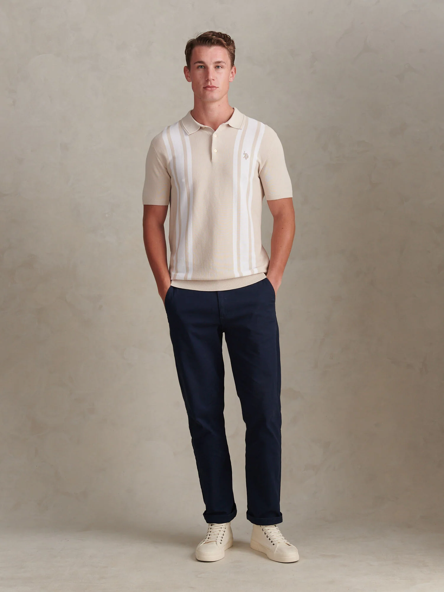 Mens Tonal Vertical Stripe Knit Polo Shirt Beige - Image 3