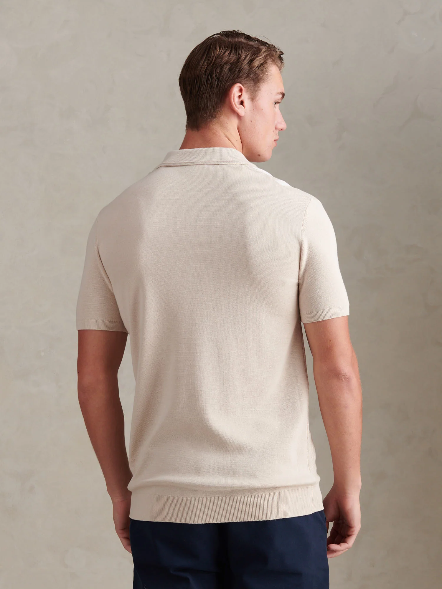 Mens Tonal Vertical Stripe Knit Polo Shirt Beige - Image 4