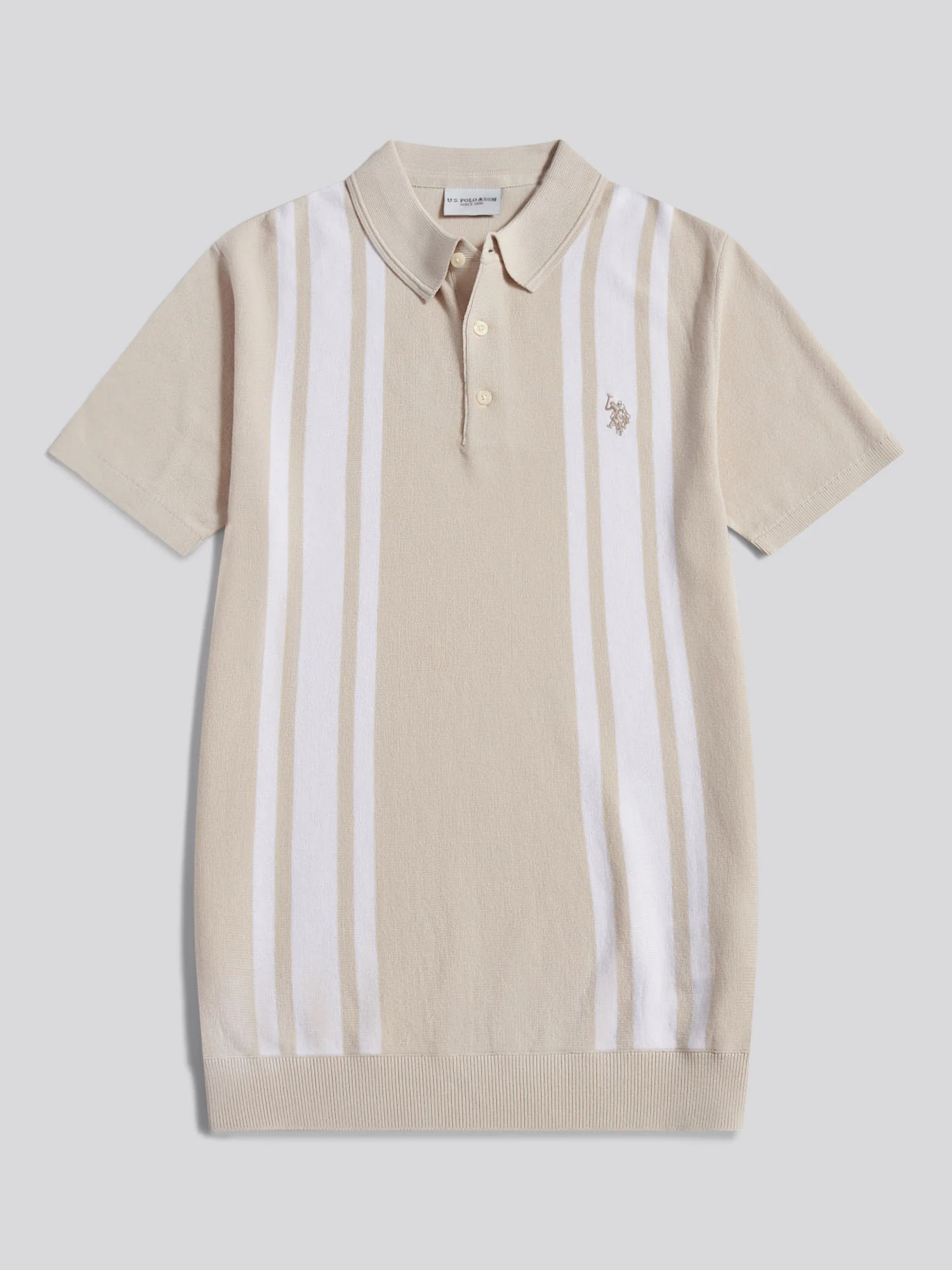 Mens Tonal Vertical Stripe Knit Polo Shirt Beige - Image 5
