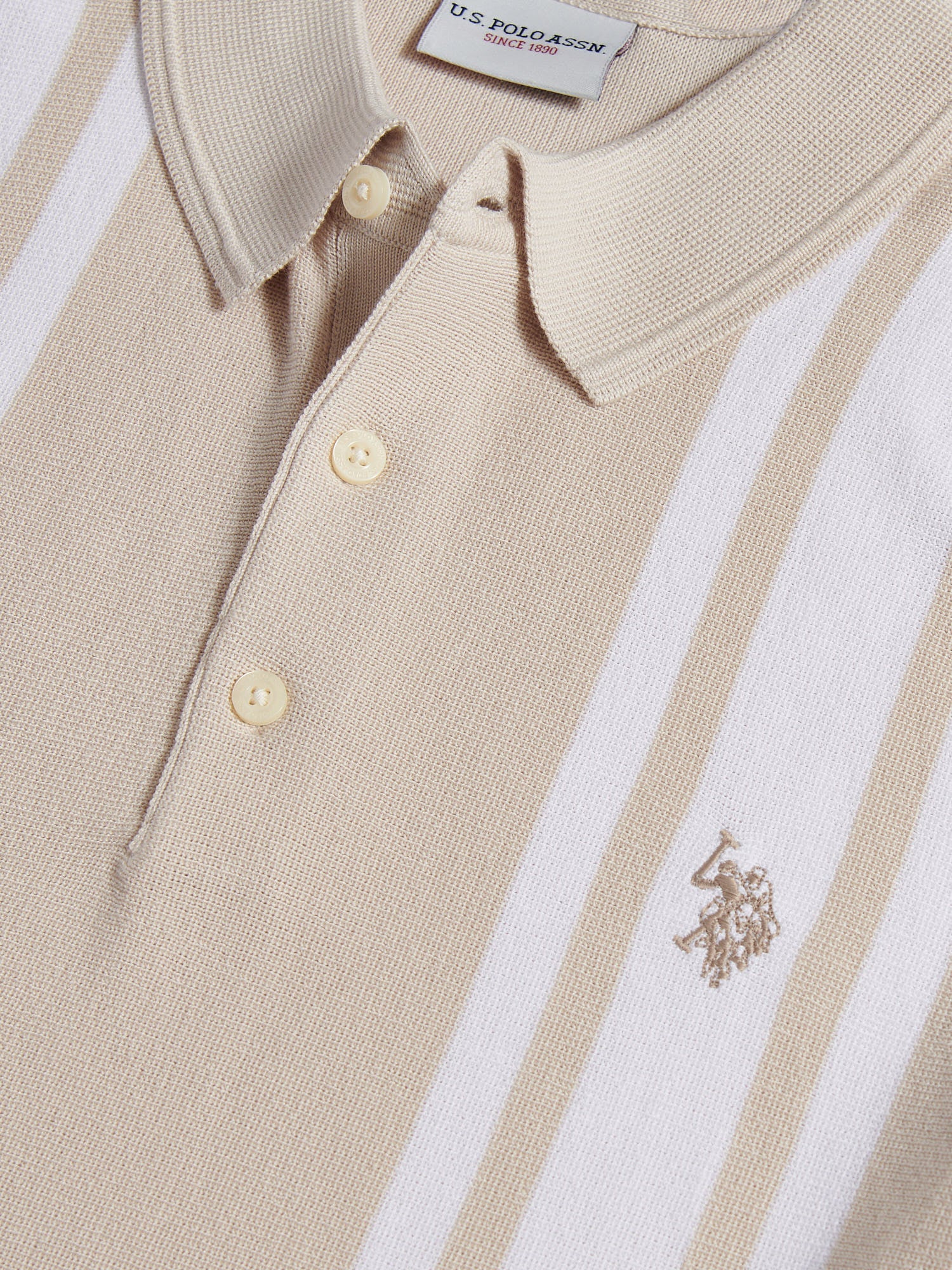 Mens Tonal Vertical Stripe Knit Polo Shirt Beige - Image 7