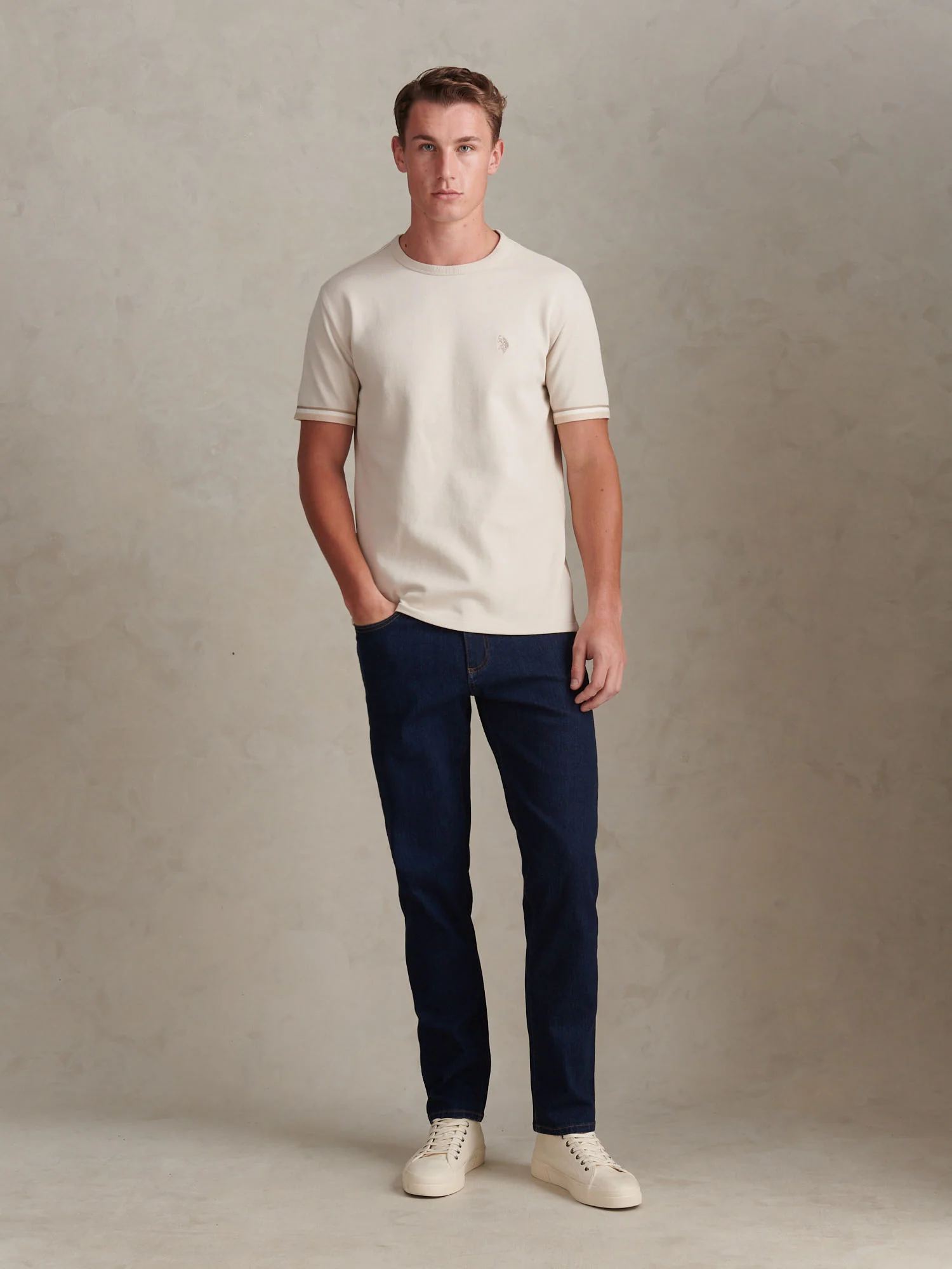 Mens Twill Taped T-Shirt Beige - Image 3