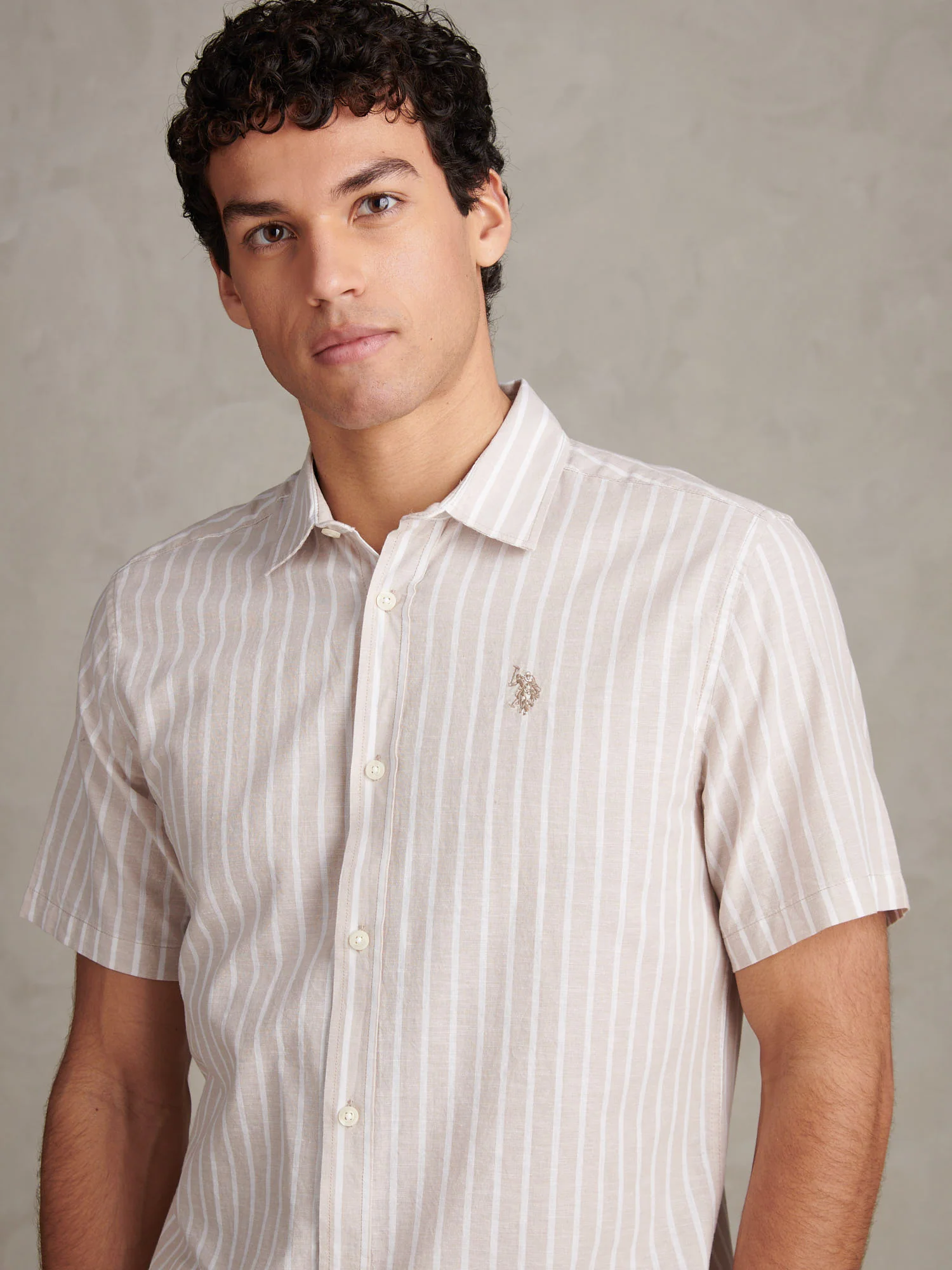 Mens Linen Blend Summer Stripe Short Sleeve Shirt Atmosphere - Image 2