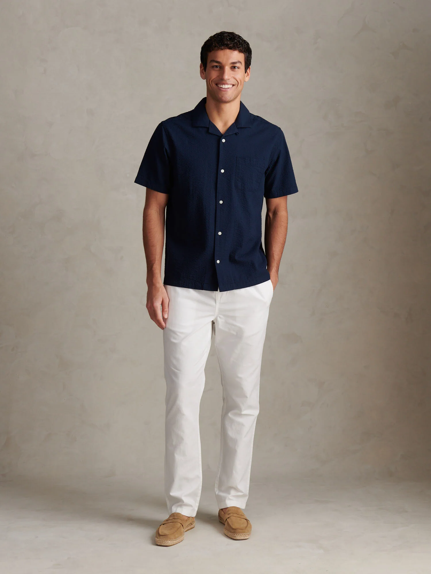 Mens Seersucker Revere Short Sleeve Shirt Dark Sapphire Navy - Image 3