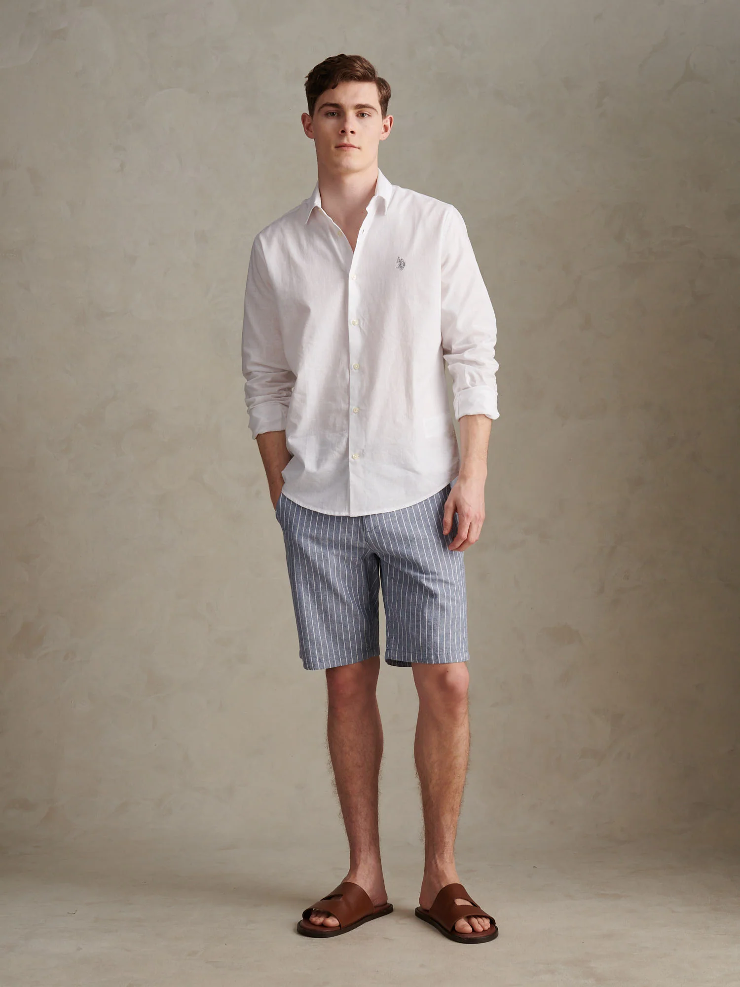 Mens Striped Linen Blend Chino Short Blue Horizon - Image 3