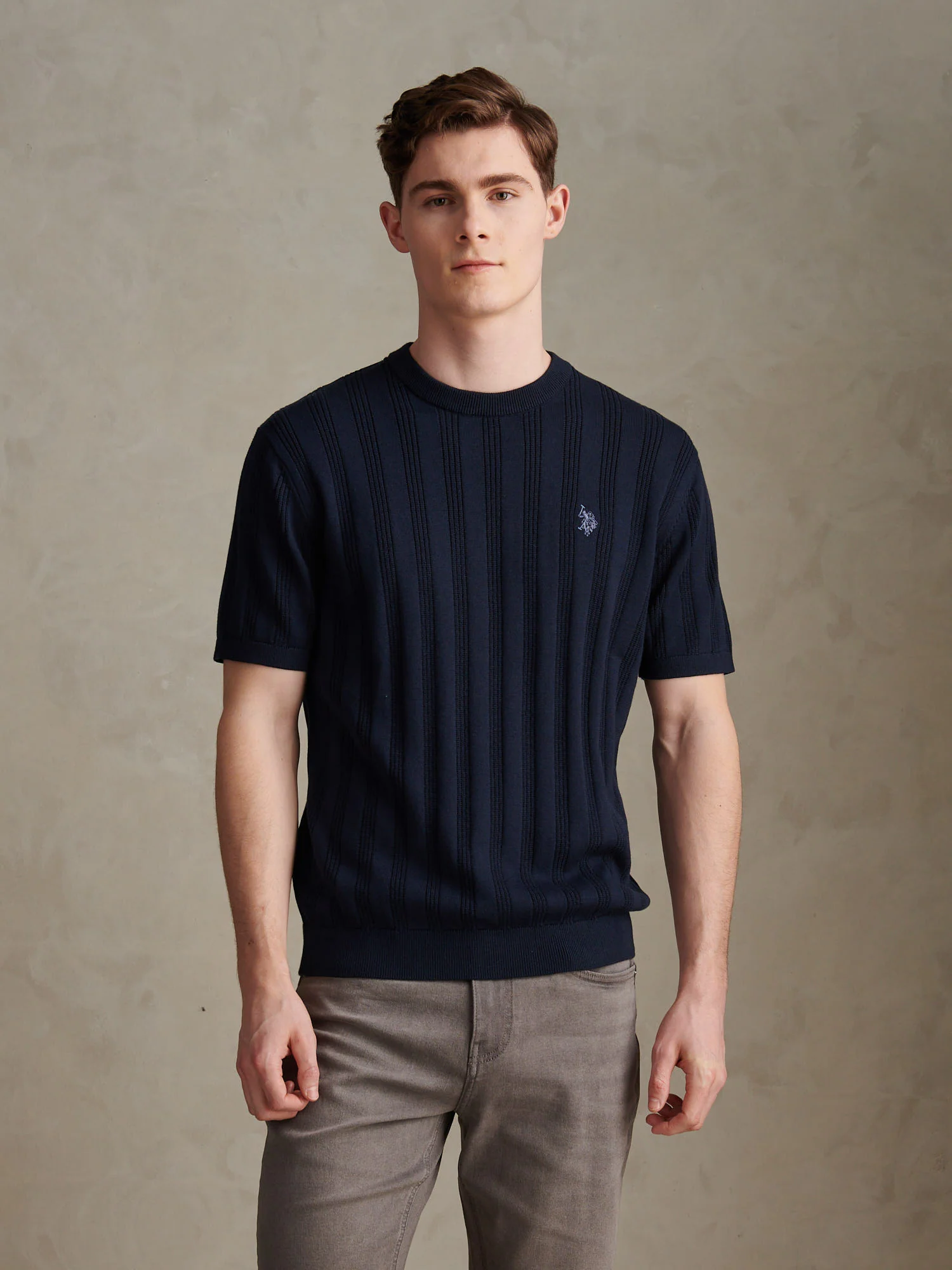 Mens Vertical Texture Knit T-Shirt Dark Sapphire Navy / Moonlight Blue DHM