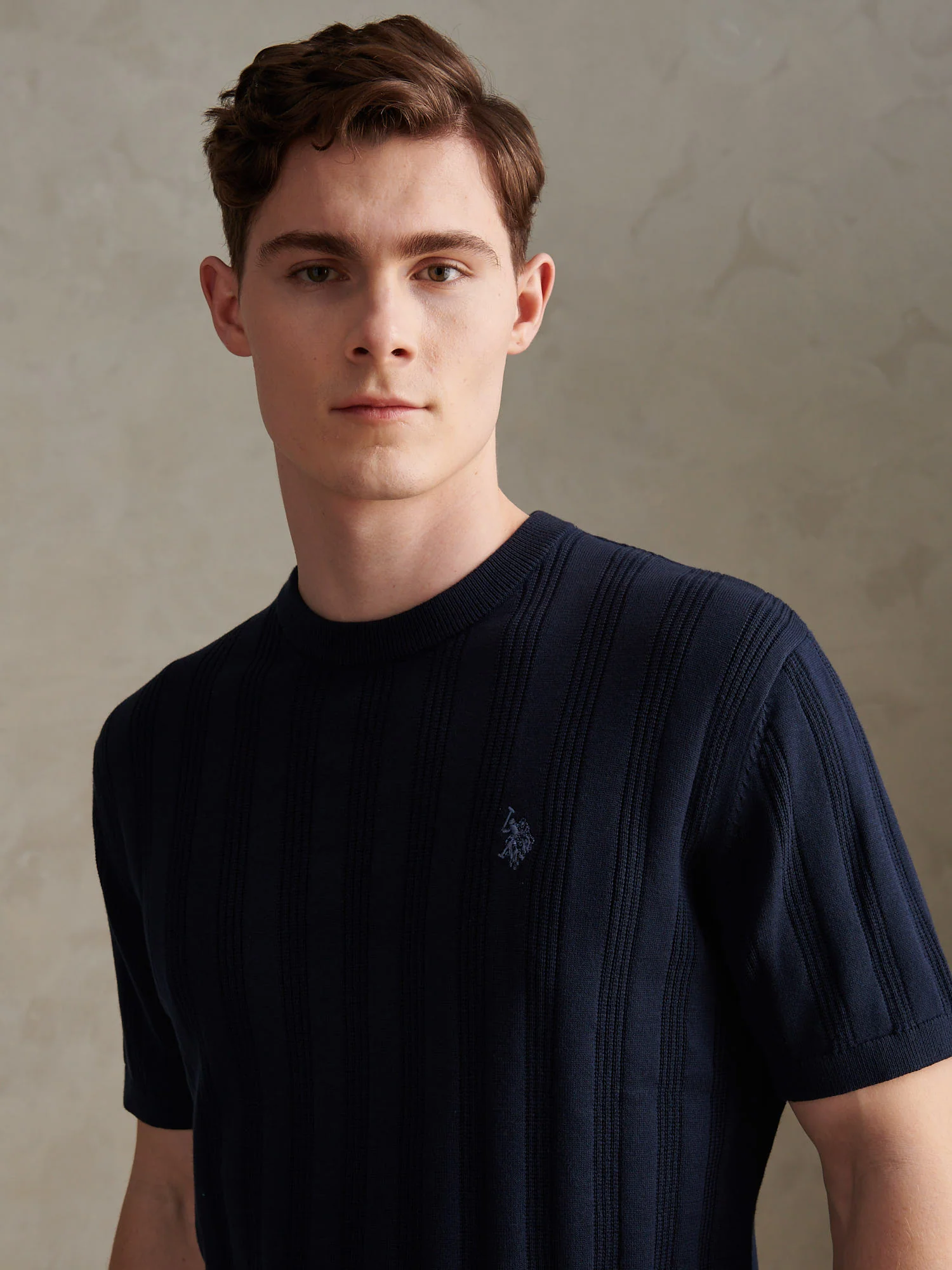 Mens Vertical Texture Knit T-Shirt Dark Sapphire Navy / Moonlight Blue DHM - Image 2