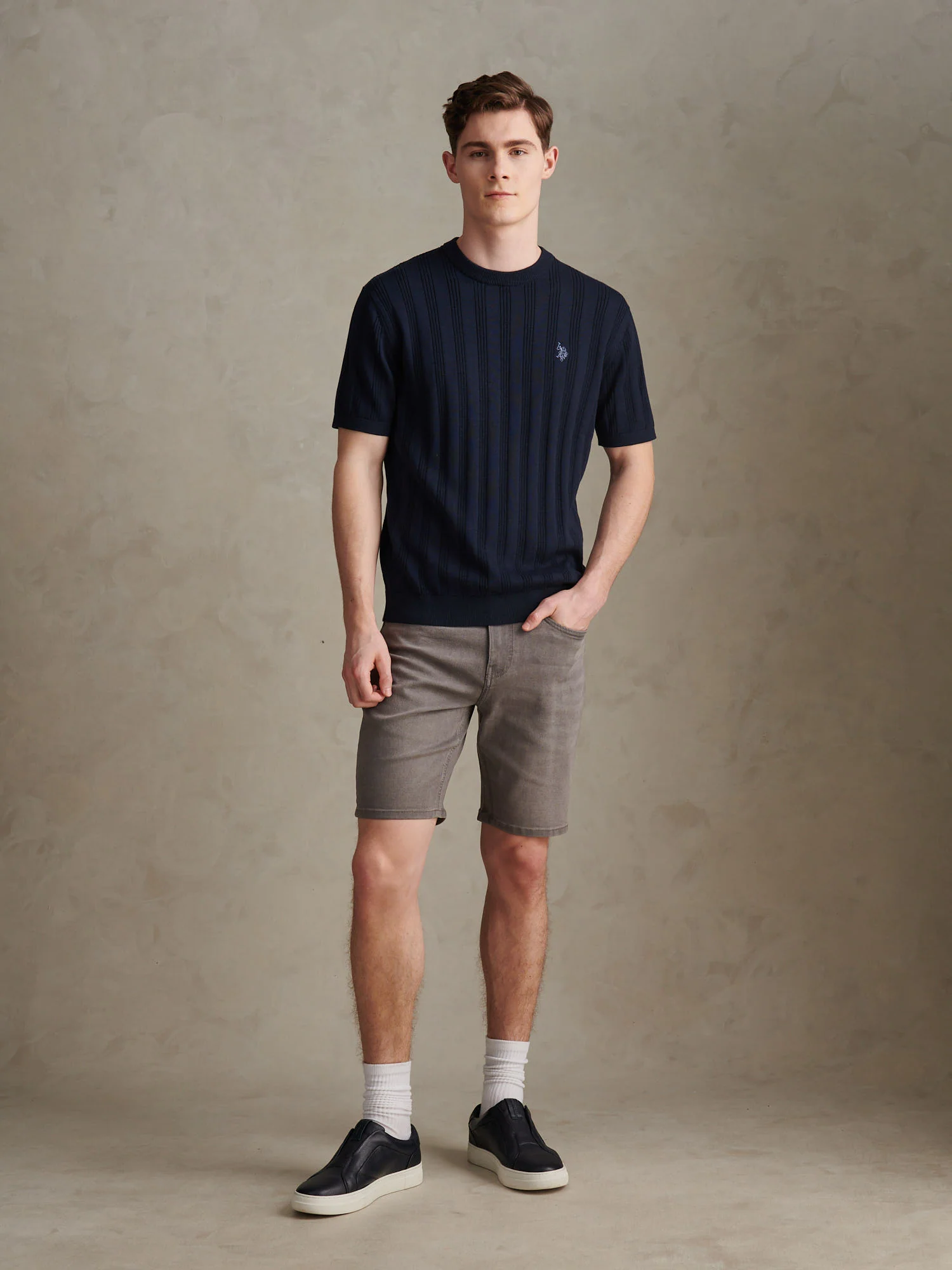 Mens Vertical Texture Knit T-Shirt Dark Sapphire Navy / Moonlight Blue DHM - Image 3
