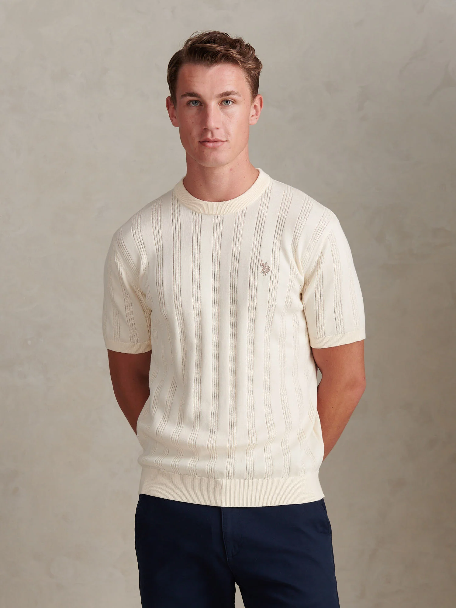 Mens Vertical Texture Knit T-Shirt Whisper White