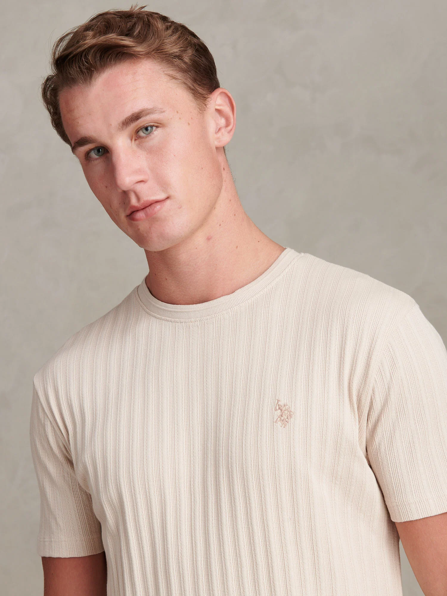 Mens Vertical Texture Loose Knit T-Shirt Beige - Image 2