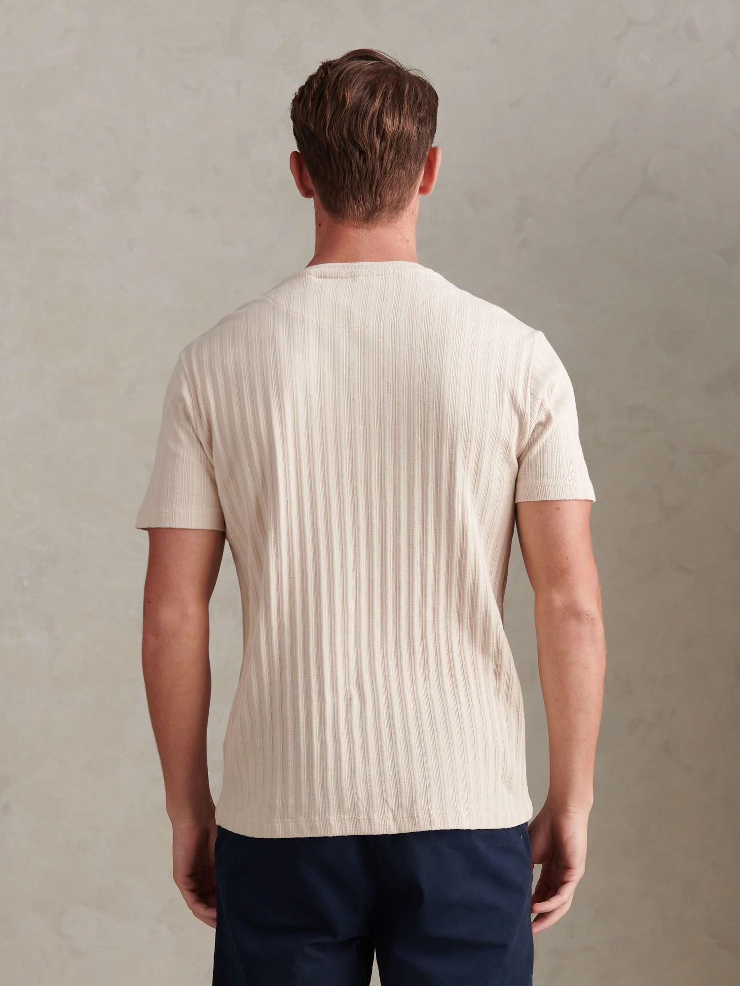 Mens Vertical Texture Loose Knit T-Shirt Beige - Image 4