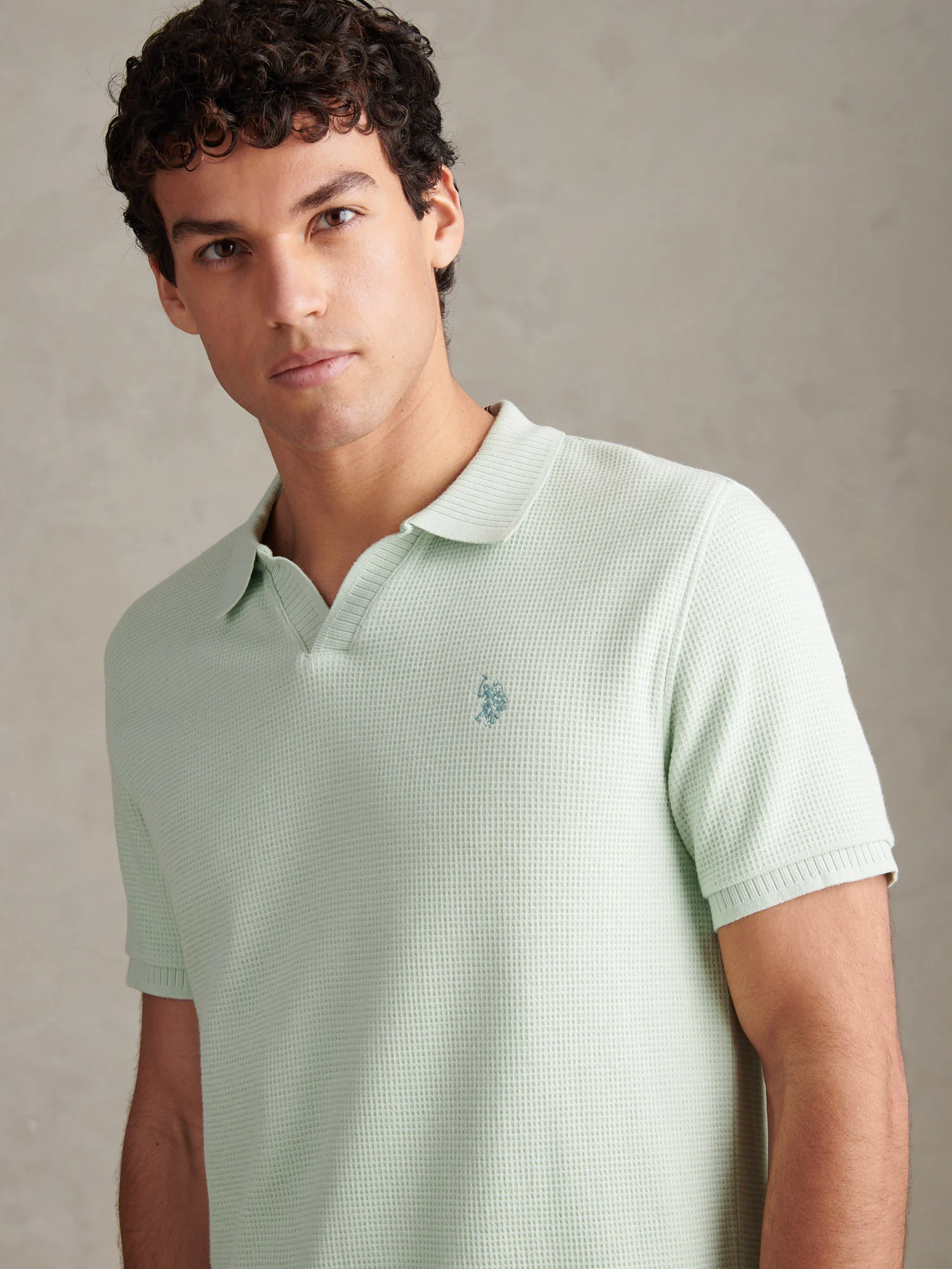 Mens Waffle Open Collar Polo Shirt Aqua Foam - Image 2