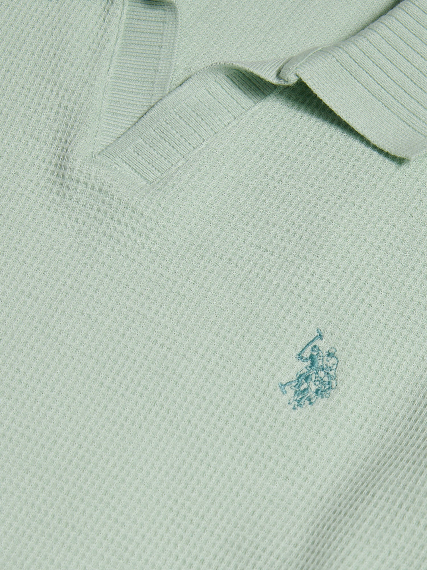 Mens Waffle Open Collar Polo Shirt Aqua Foam - Image 7
