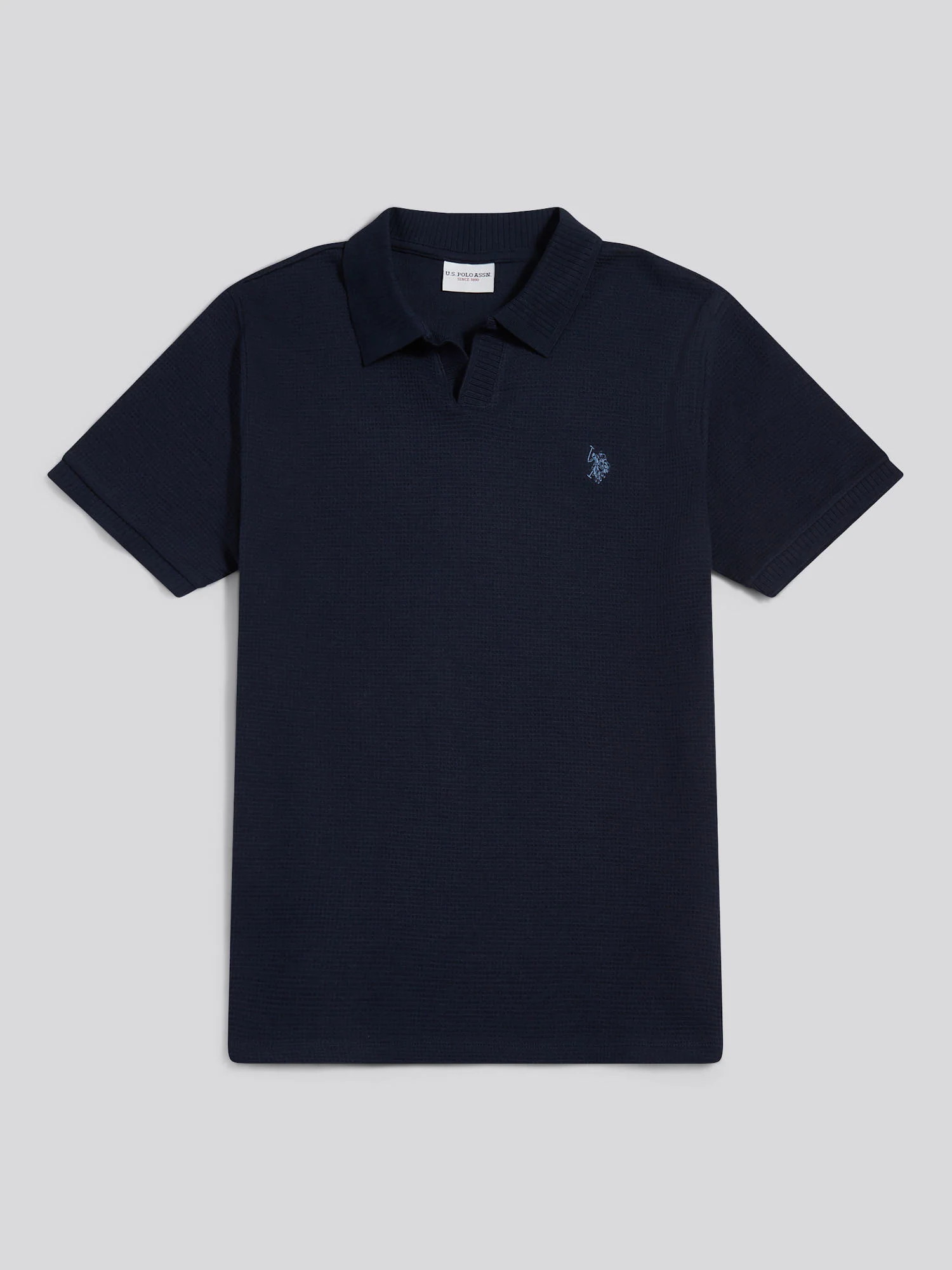 Mens Waffle Open Collar Polo Shirt Dark Sapphire Navy / Moonlight Blue DHM