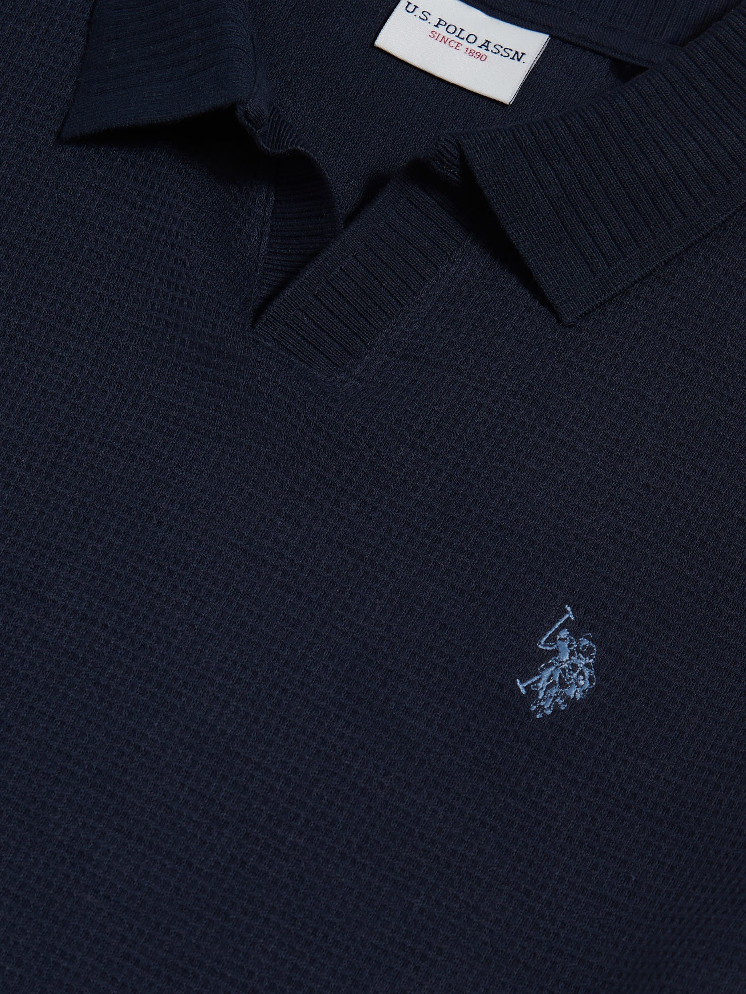 Mens Waffle Open Collar Polo Shirt Dark Sapphire Navy / Moonlight Blue DHM - Image 3