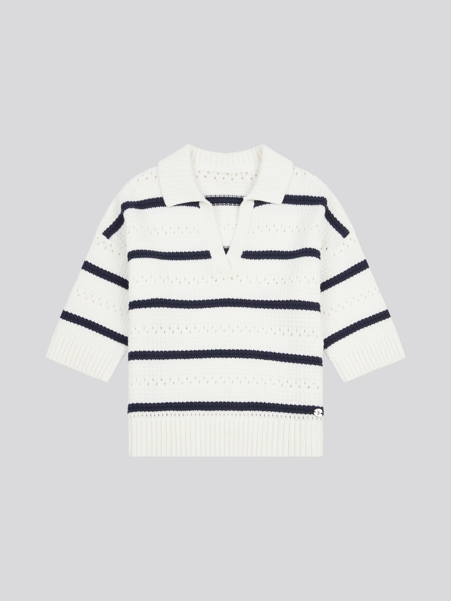 Women Open Color Stripe Pointelle Jumper w granatowej tęczówce - Image 6