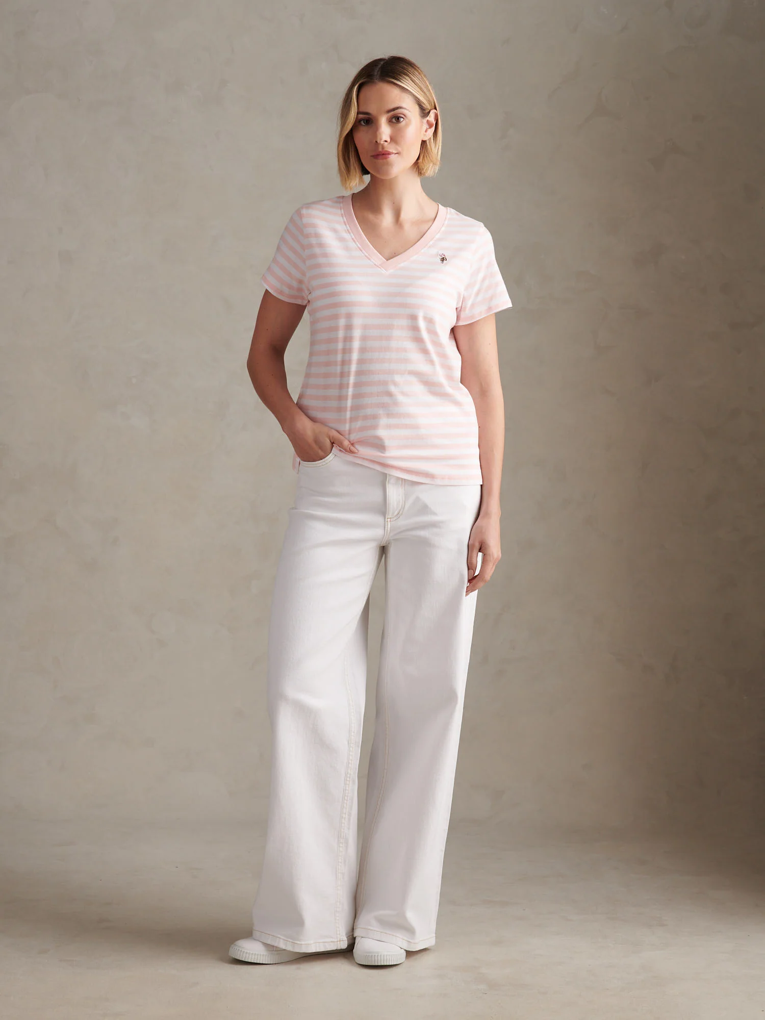Womens Stripe V-Neck Neck T-Shirt Crystal Rose - Image 3