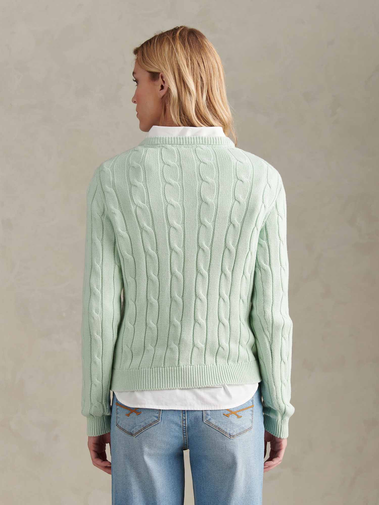 Womens V-Neck Cable Jumper Misty Jade - Image 4