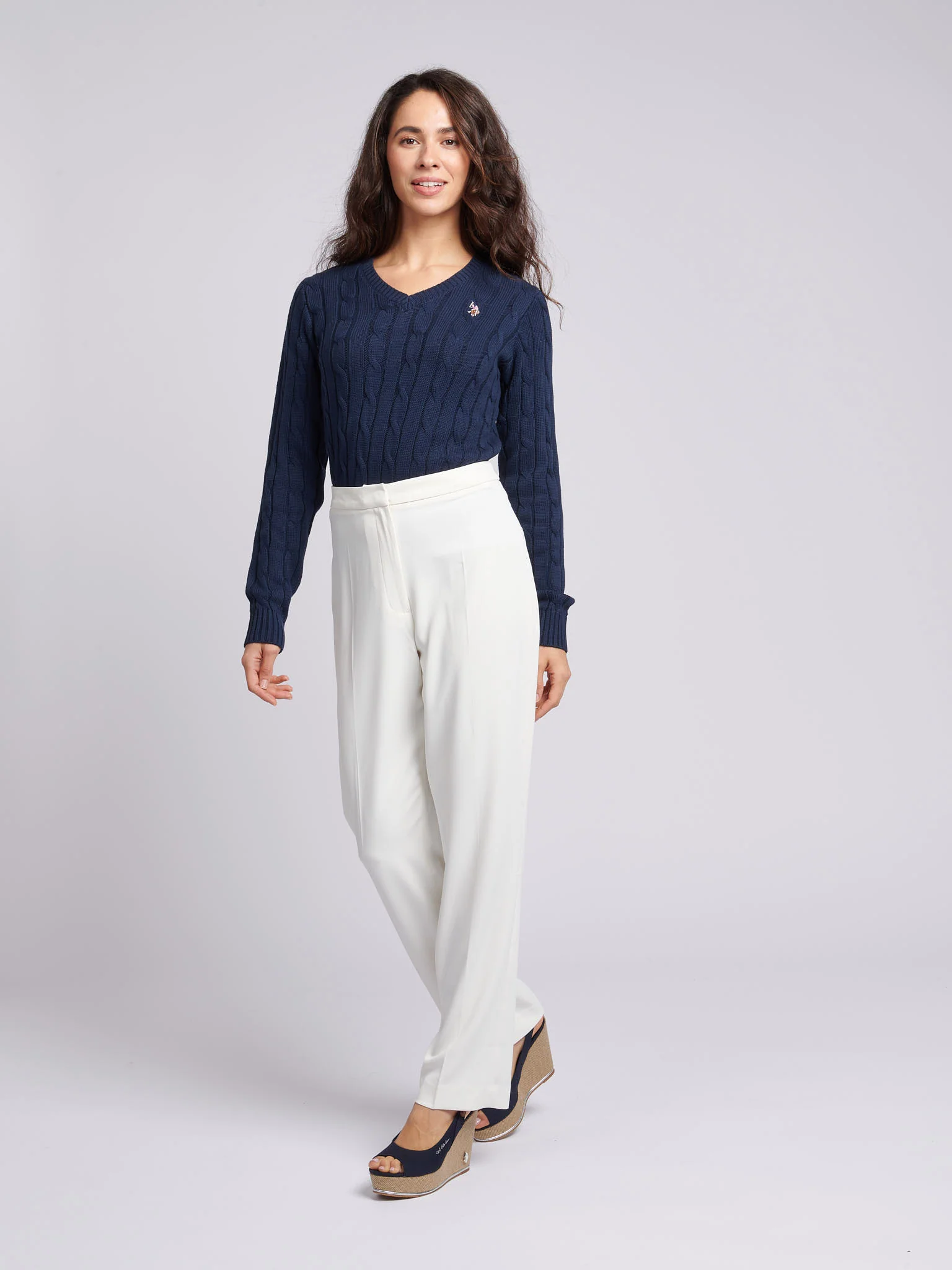 Women V-Neck Selk Cable w Marynarce Wojennej Iris - Image 3
