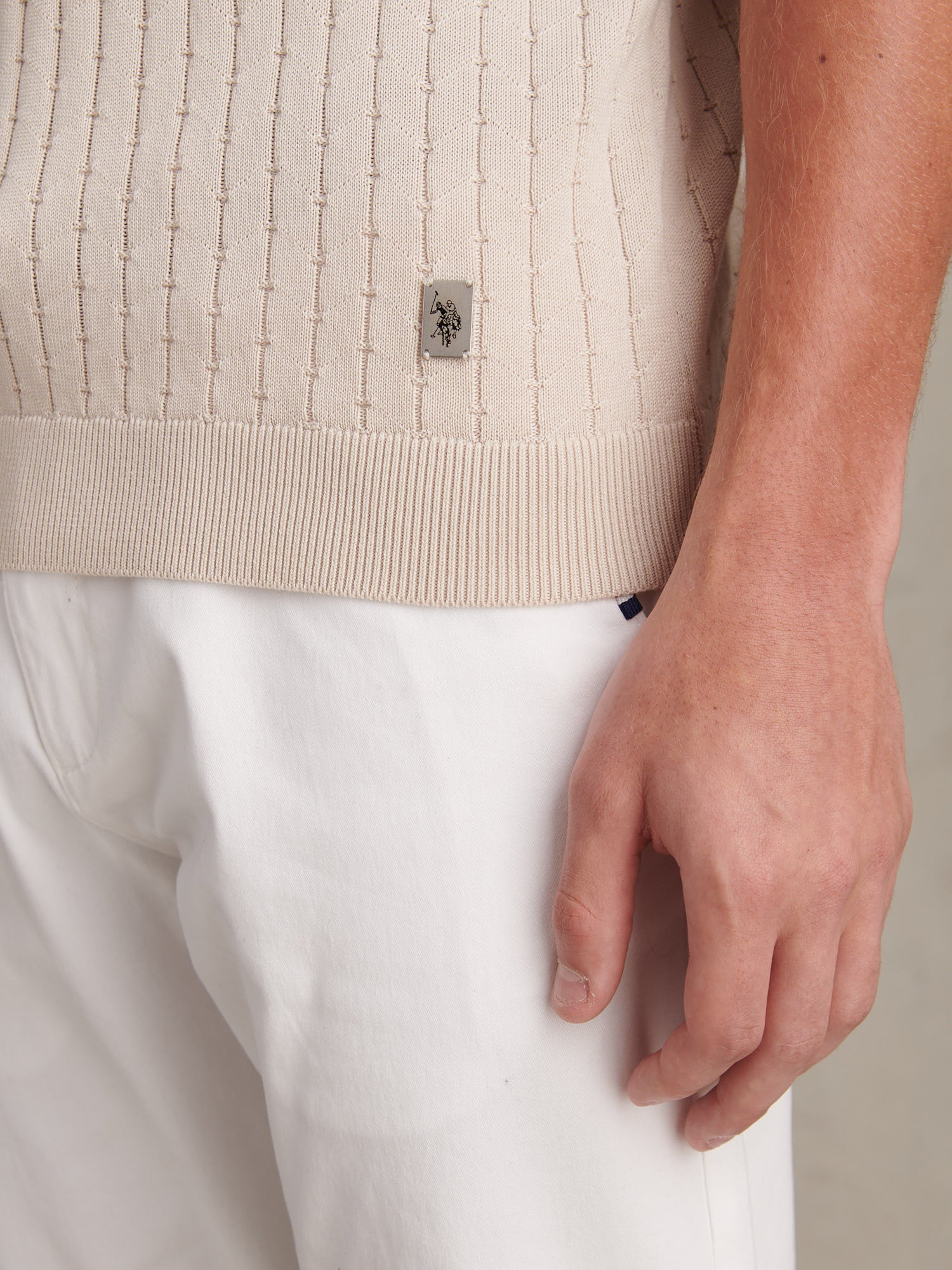 Mens Zip Knit Short Sleeve Polo Shirt Beige - Image 2