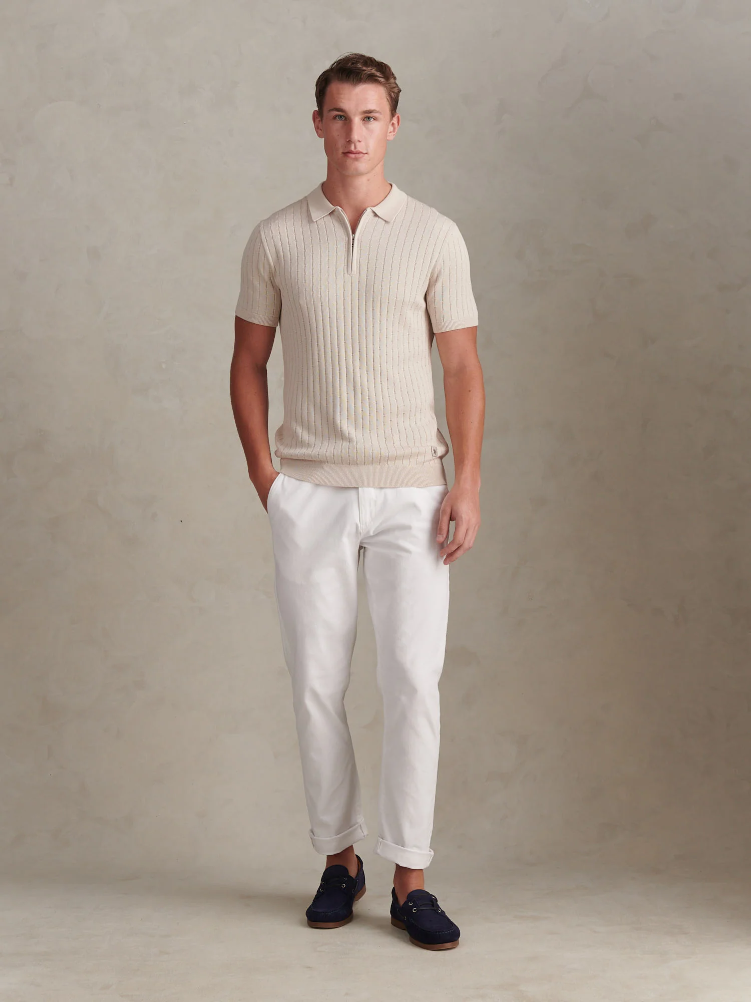 Mens Zip Knit Short Sleeve Polo Shirt Beige - Image 3