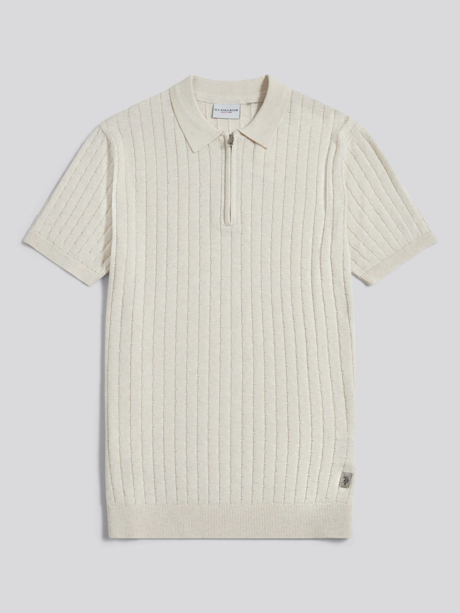 Mens Zip Knit Short Sleeve Polo Shirt Birch Marl